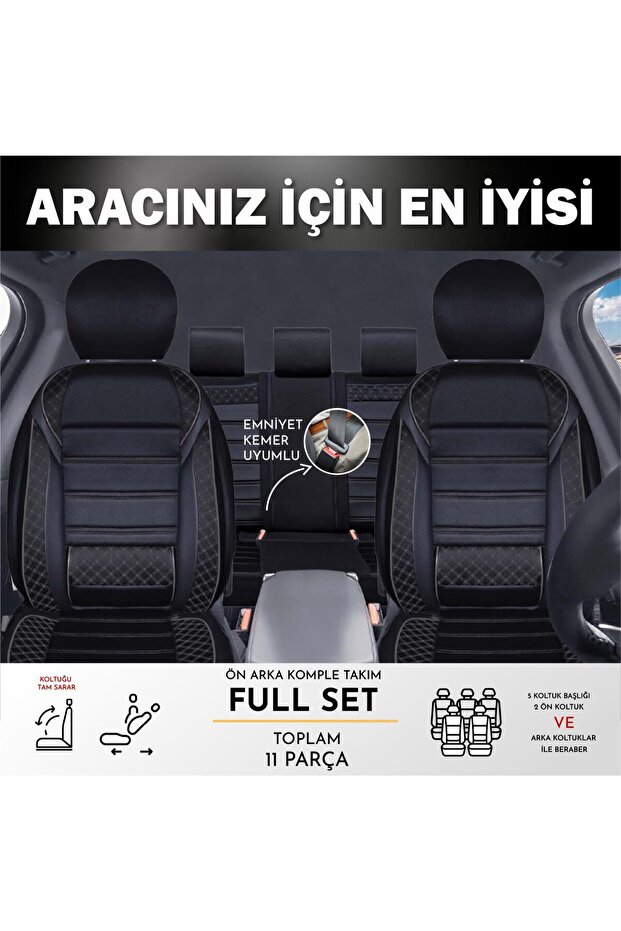 Fiat Egea Hb Compatible Leather Detailed Auto Seat Cover Front/Rear Set Save Model Black