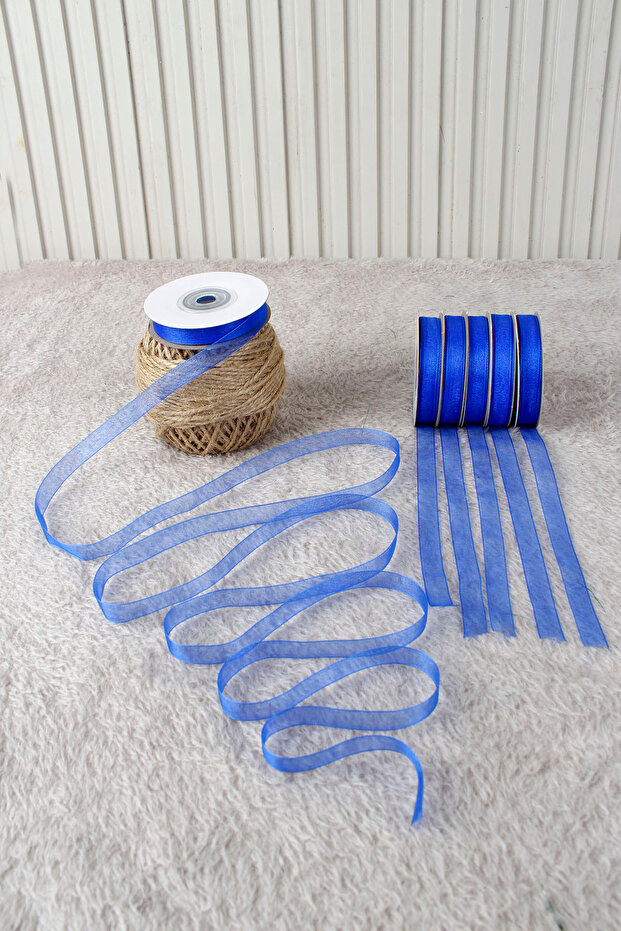 Cobalt Blue Organza Tulle Ribbon 1 cm 22 Mt - Bundle, Wedding, Engagement, Dowry, Gift, Decoration, Party