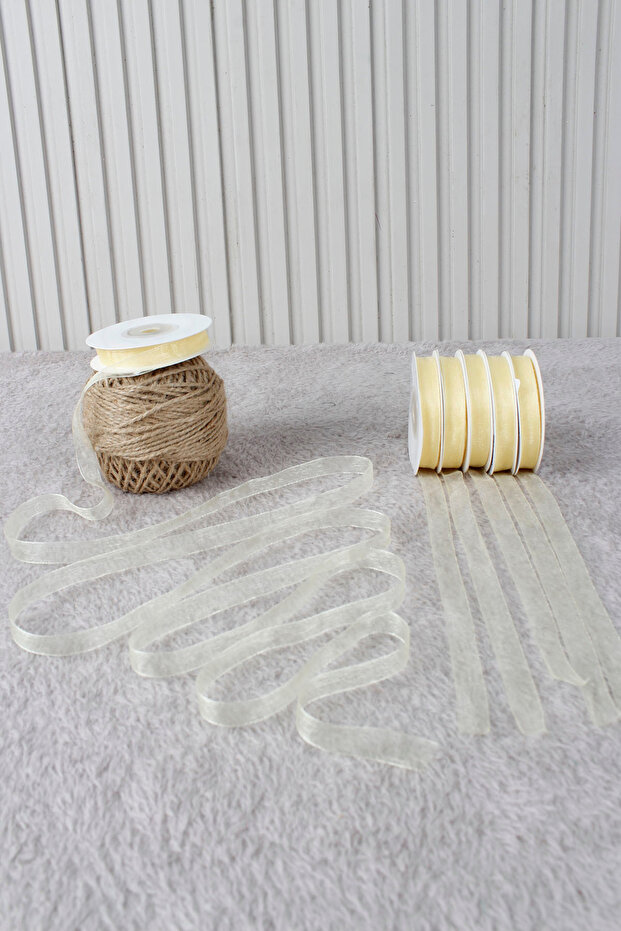 Cream Organza Tulle Ribbon 1 cm 22 Mt - Package, Wedding, Engagement, Dowry, Gift, Decoration, Party