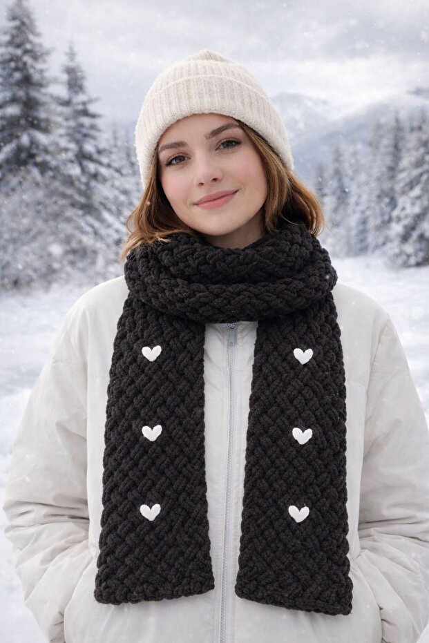 Handmade Thick Knitted Winter Scarf with Heart Detail – Soft Textured, Oversized