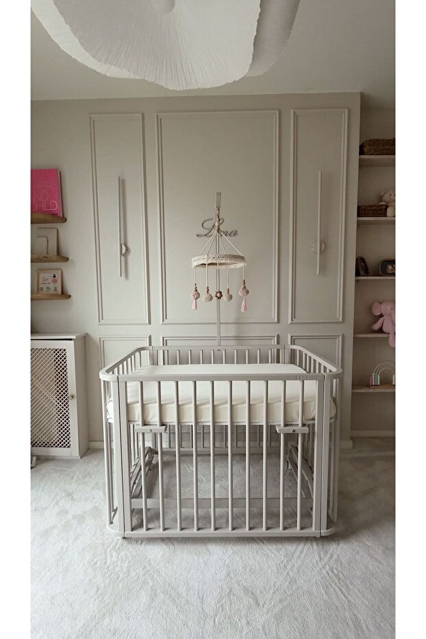 EGEBABY Bej Ahşap 4 in 1 Beşik Takım 70 x 110 (BL) Anne yanı, Karyola, Oyun parkı, Montessori + J