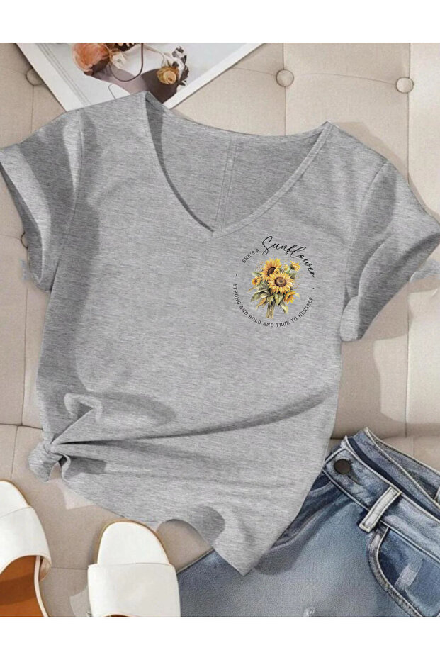 Mix Printed V-Neck Cotton Short Sleeve Women's Tshirt