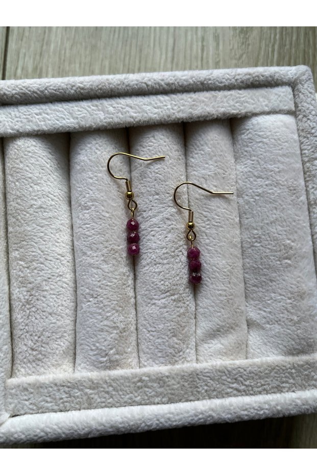 Minimal Ruby Stone Gold Color Steel Earrings Handmade