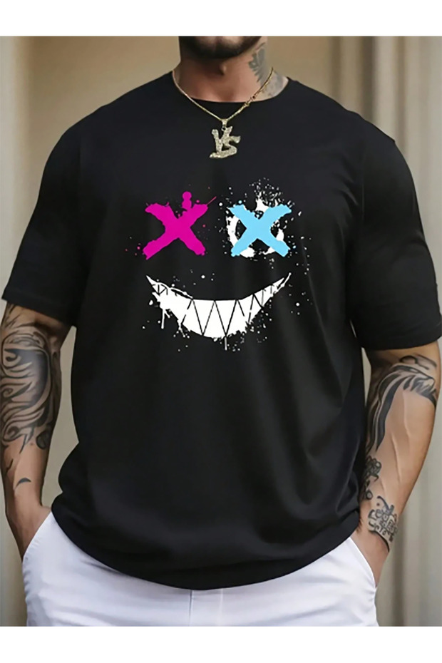 تي شيرت رجالي كبير الحجم مطبوع عليه X FACE AND SMILE