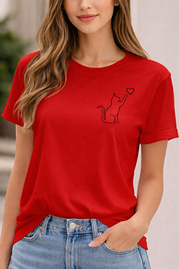 Hearted Cat Printed Cotton Relaxed Fit Round Neck Unisex T-Shirt