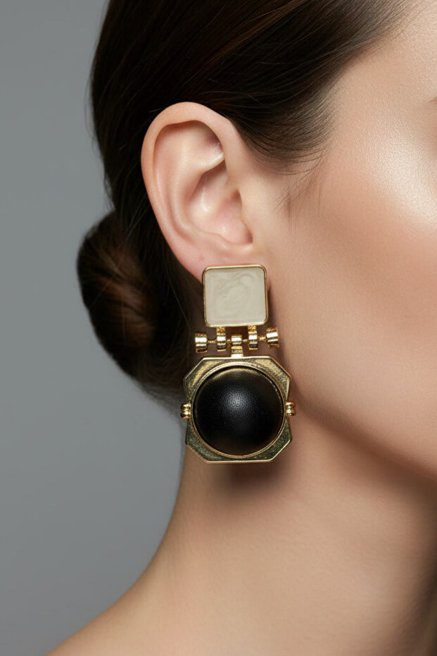 Mineli Cream Matte Black Earrings (4.5 cm)