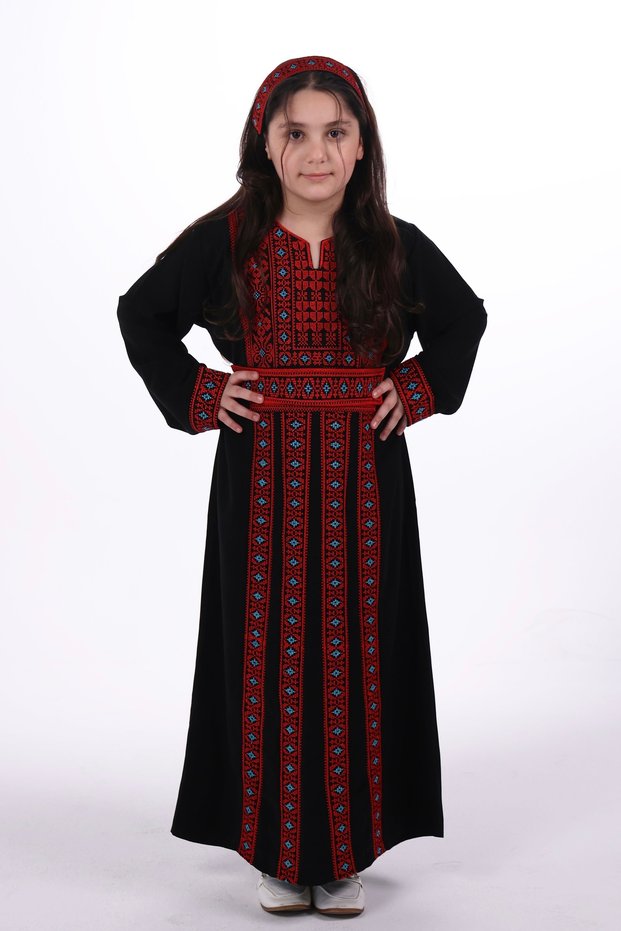 Girls' jalabiya dress with a belt at the waist - Girls' belted embroidered jalabiya dress