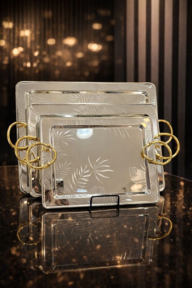 Rectangular serving tray set with a mirror finish (3 pieces). Product description: - 1