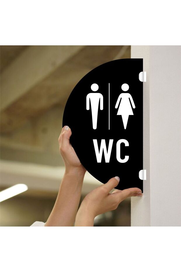 Wc Women-Men Double Sided - Side Mounted Directional Sign 18X30Cm - Black Plexiglass