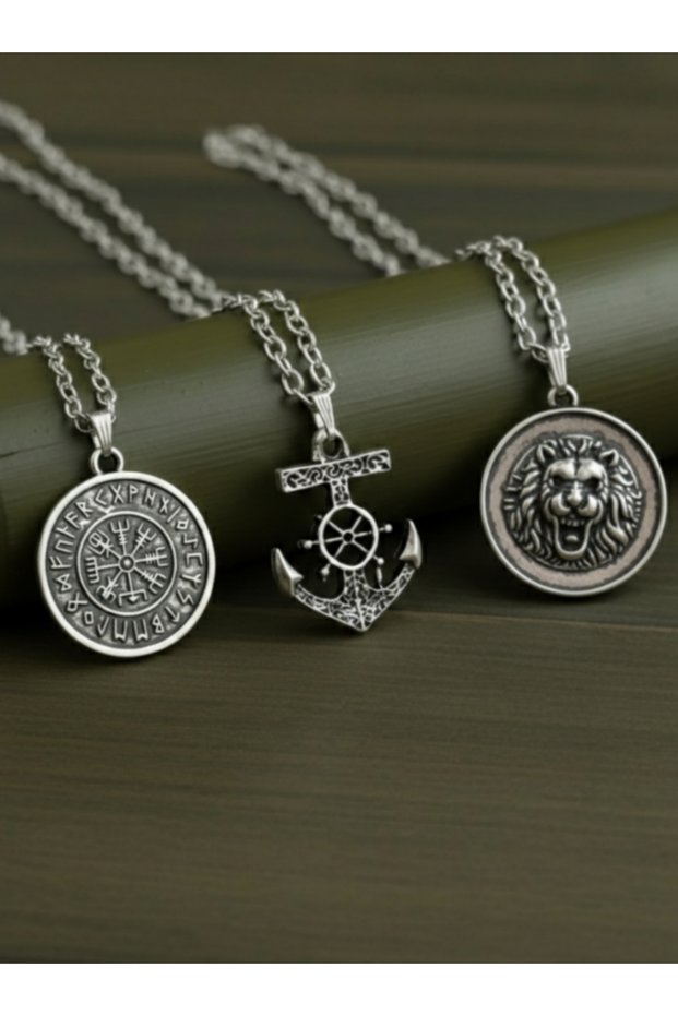 3 Piece Necklace Set with Compass, Lion and Anchor Design Fashion Necklace