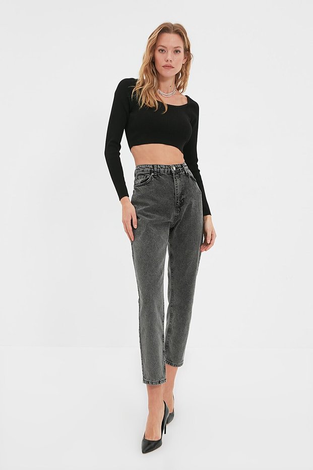 Smoked Snow Mom Jeans High Waist Denim Trousers Lycra Colorfast Extra Comfortable