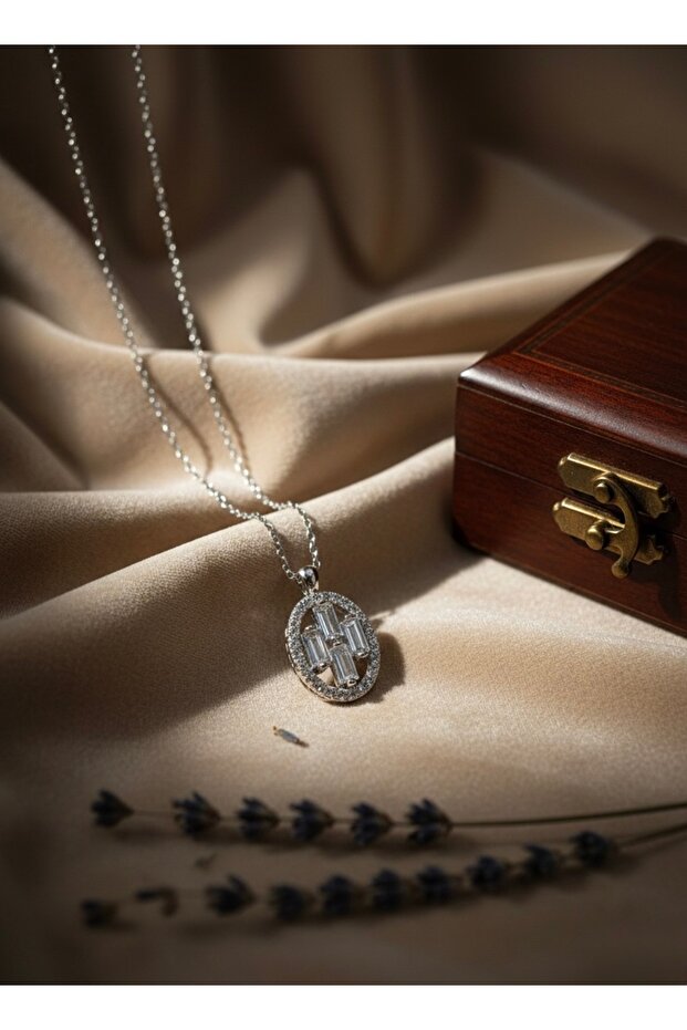 Baguette Zircon Stone Oval Design Steel Necklace