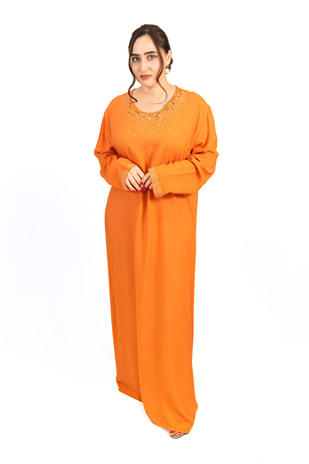 Orange Cotton Rayon Jalabiya with Stone Embellishment