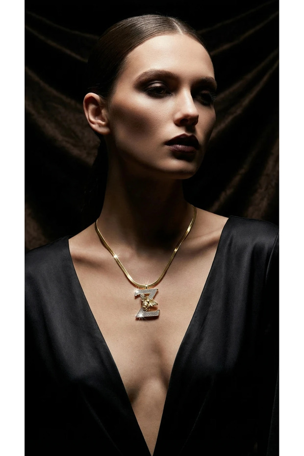 316L Anti-Tarnish Steel Colorful Zircon Stone Letter Z Necklace Gold Color Women's Anti-Allergic Necklace