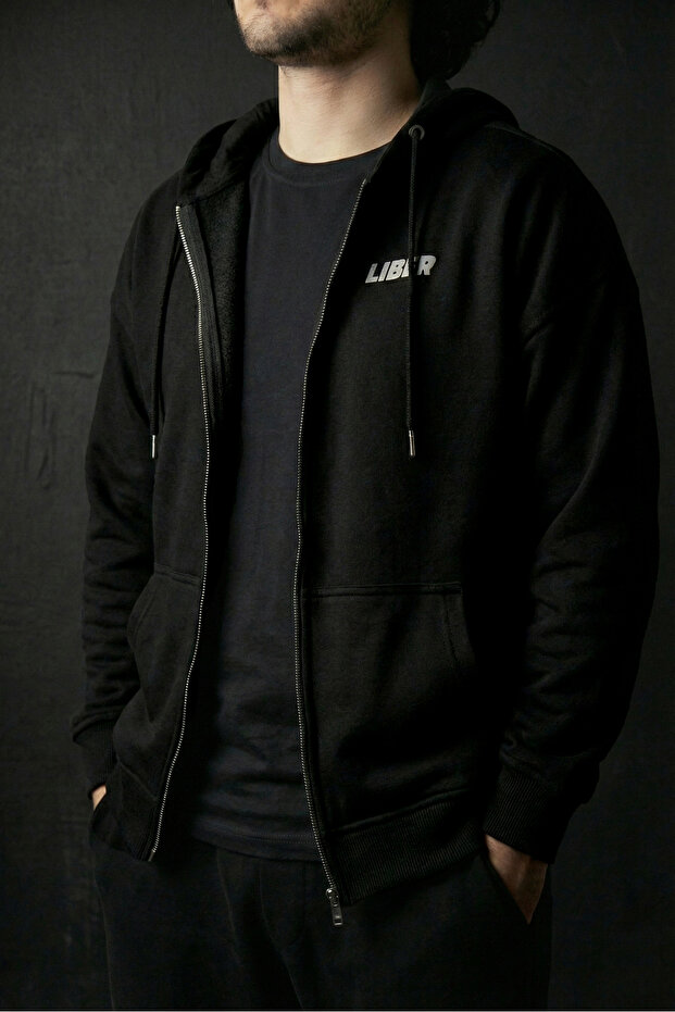 Black Zippered Hoodie Oversize Embossed Sweatshirt Cardigan