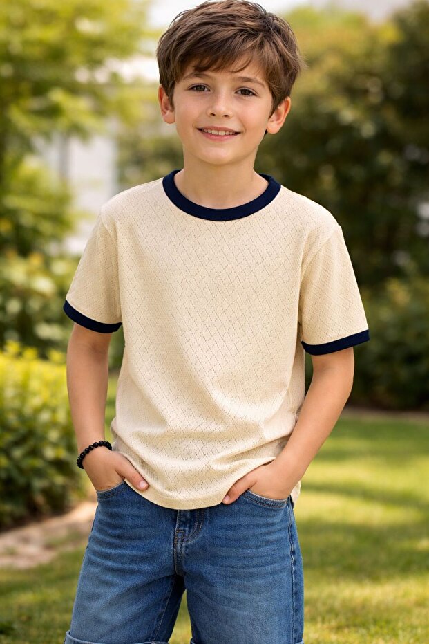 9-14 Years Old Boys' Garnished Short Sleeve Crew Neck Jacquard T-Shirt