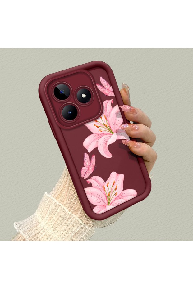 Realme Note 50 Compatible Silicone Material Shockproof Maroon Color Case Lily Pattern