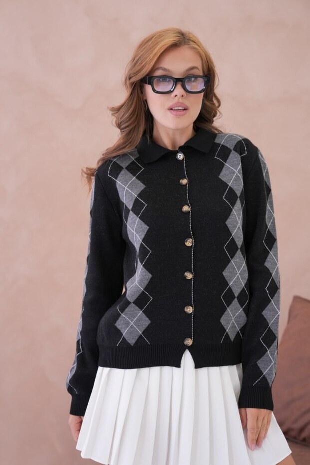 Women's Polo Collar Button Detail Patterned Knitwear Jacket //V12246