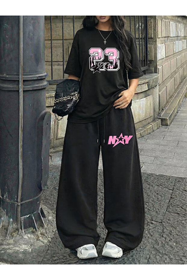 Women's 23 Ny Star Printed Oversized T-Shirt and Baggy Sweatpants - Two-Piece Tracksuit Set