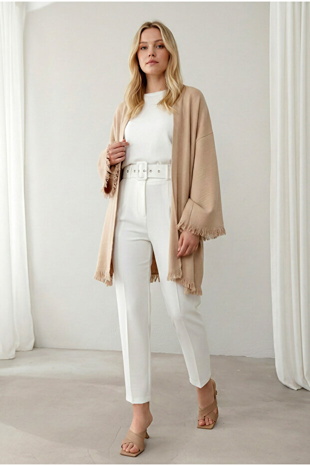 Belted Fabric White Trousers