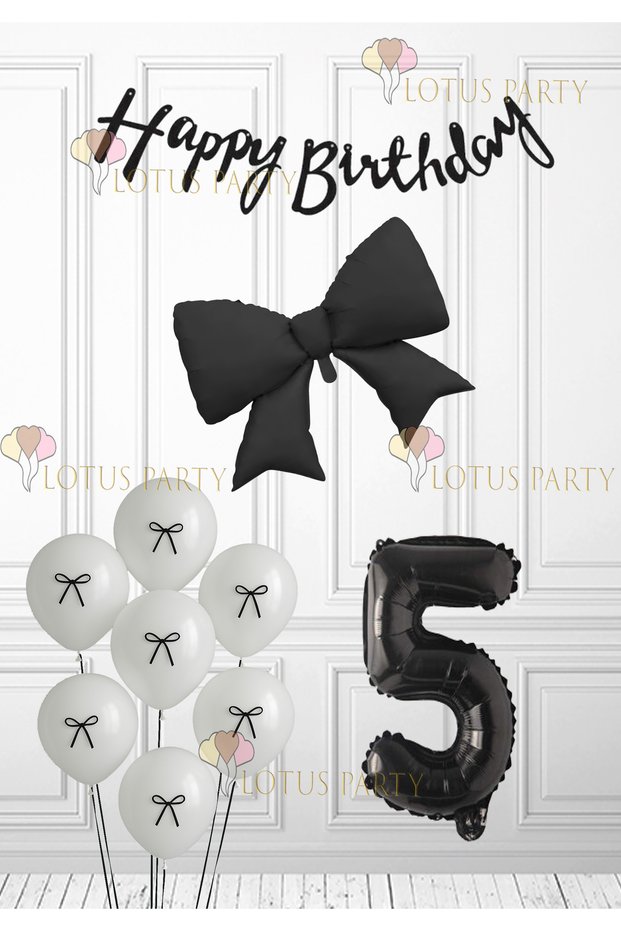 Black Ribbon Birthday Set Black Ribbon Balloon Black Number Balloon White Balloon with Black Ribbon Age 5