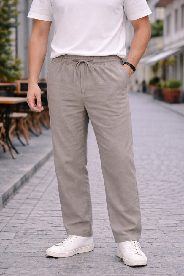 Men's Stone Relaxed Fit 100% Pure Linen Trousers
