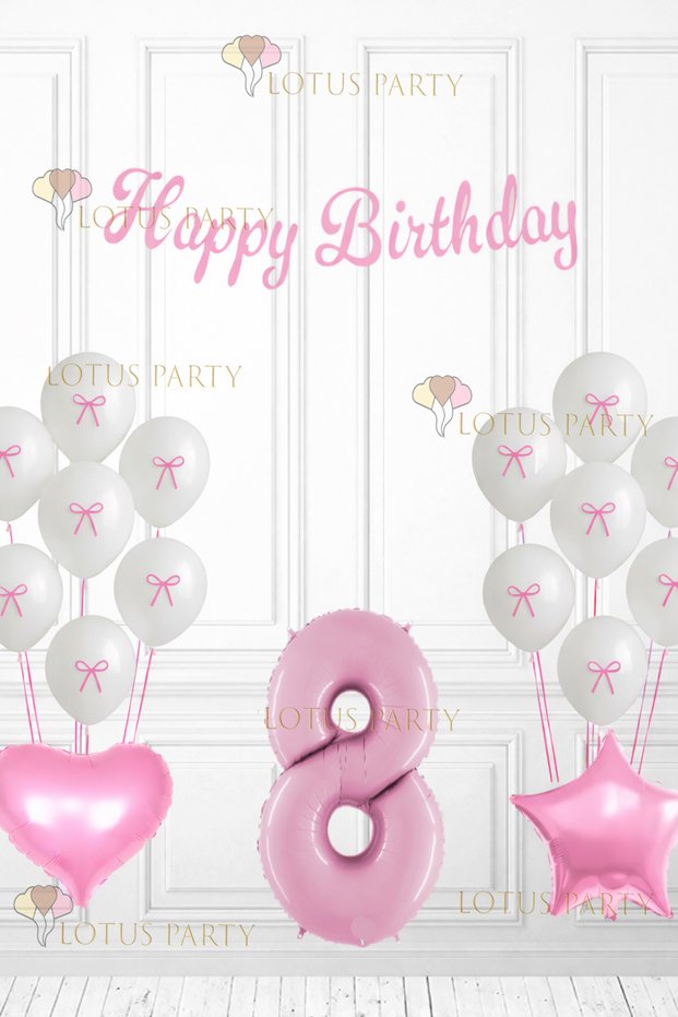 Pink Ribbon Balloon Pink Ribbon White Balloon Birthday Set with Ribbon Pink Heart Star 8 Years Old