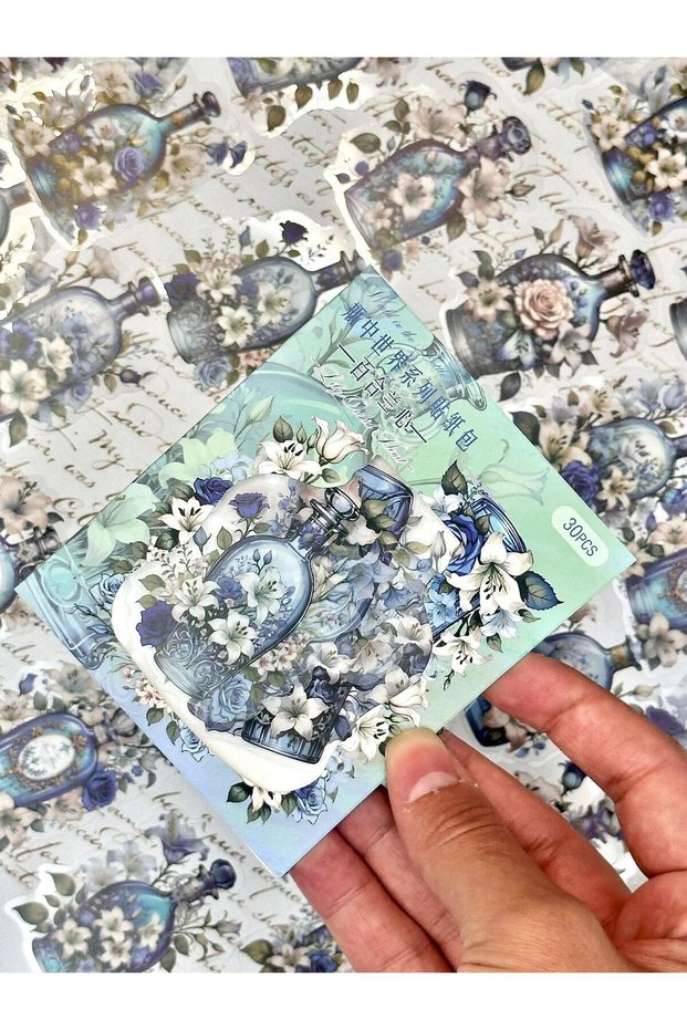 Vintage Blue Bottle Flower Spring Design Sticker | Journal & Scrapbook Decorative Stickers