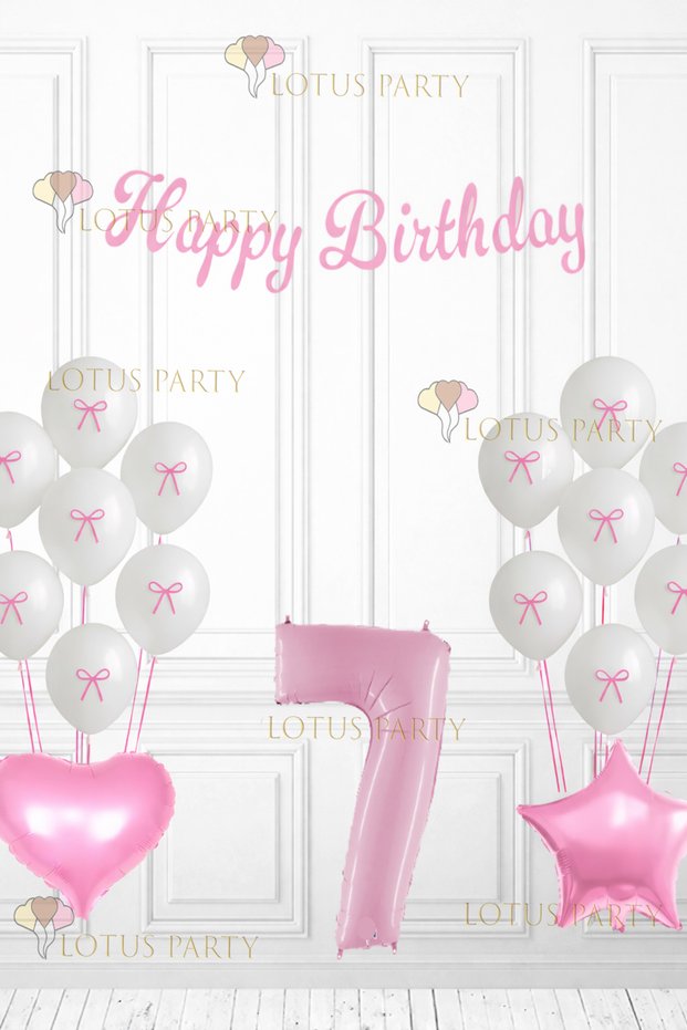 Pink Ribbon Balloon Pink Ribbon White Balloon Birthday Set with Ribbon Pink Heart Star 7 Years Old