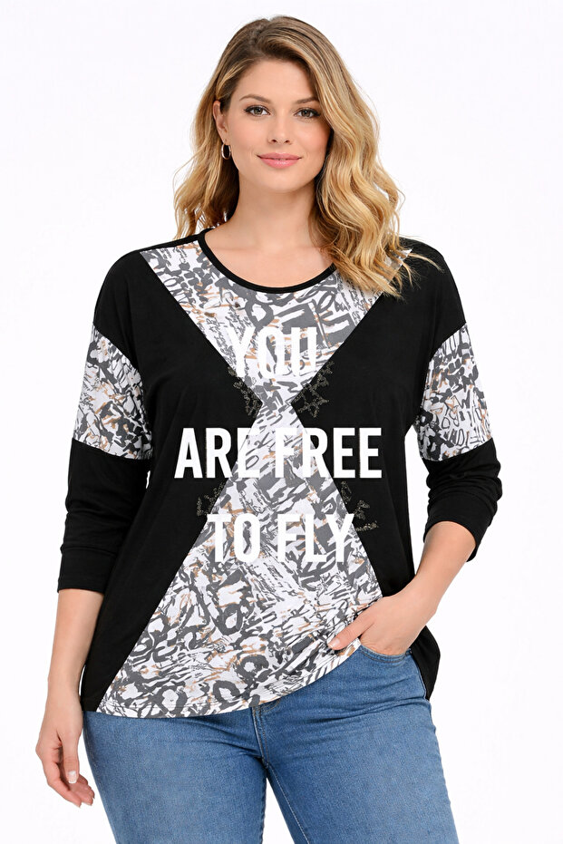Women's Plus Size Black, Crew Neck, Low Sleeve, Print Detailed Viscose Tunic 65N39398