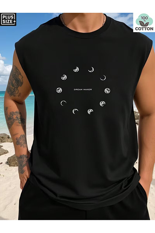 Silatrend Men's Black Original Printed Oversize Cut Cotton Crew Neck Undershirt