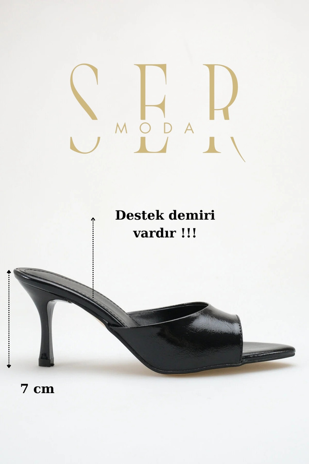 Heeled Women's Slippers - 7 cm Thin Heeled Pointed Toe Women's Slippers Black Yanki