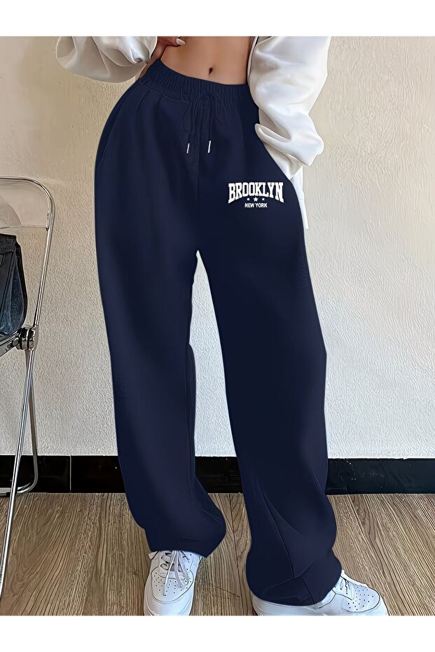 Unisex Brooklyn New York Printed Baggy Cut Wide Leg Sweatpants