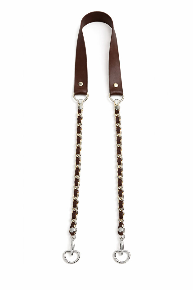 Brown Faux Leather Bag Strap with Silver Color Chain 115 cm Compatible with Knitted and Leather Bags.