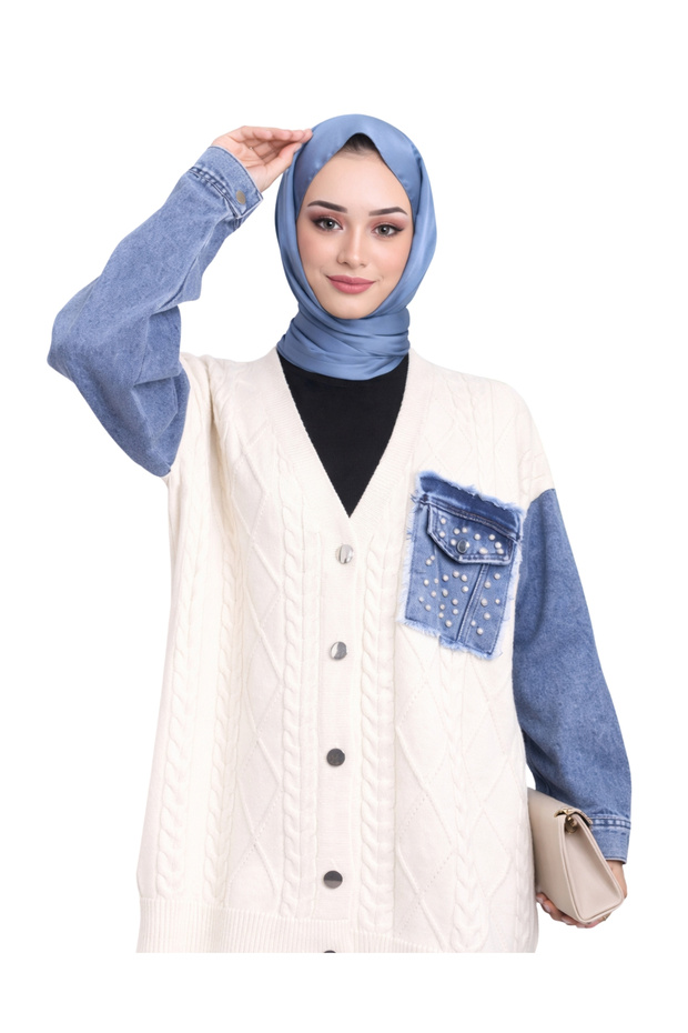 Cream-Colored Denim Decorated Knitwear, Knitted Pocketed Long Women's Buttoned Hijab Cardigan