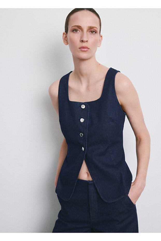 Düğmeli denim bluz - 1