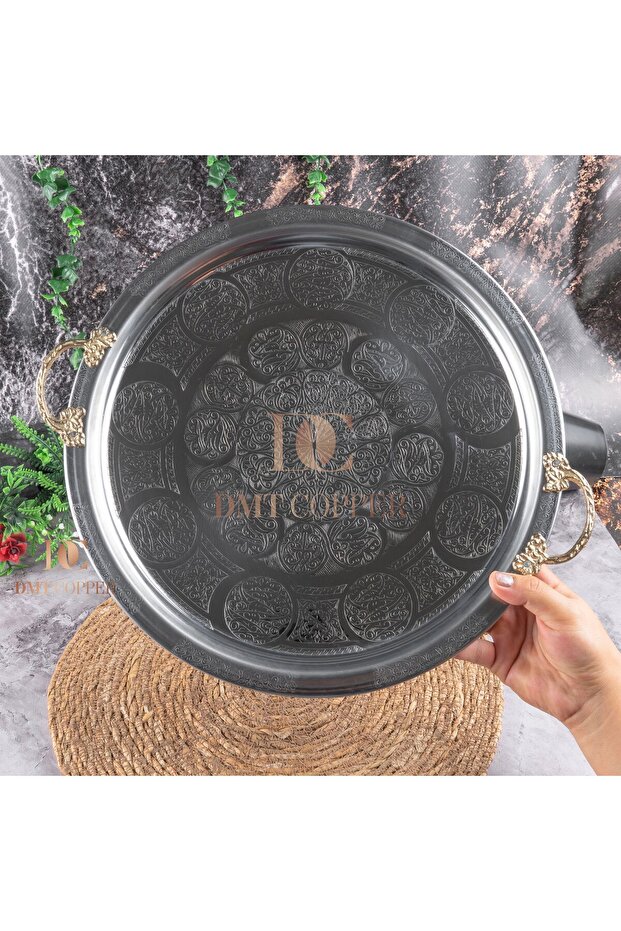 430 Quality Chrome Steel Tray with Handle 35 cm – Ottoman Motif, Kebap & Restaurant Presentation Tray
