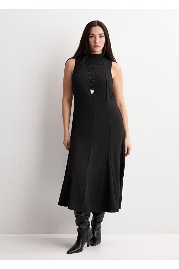 Yüksek yaka midi elbise - 8