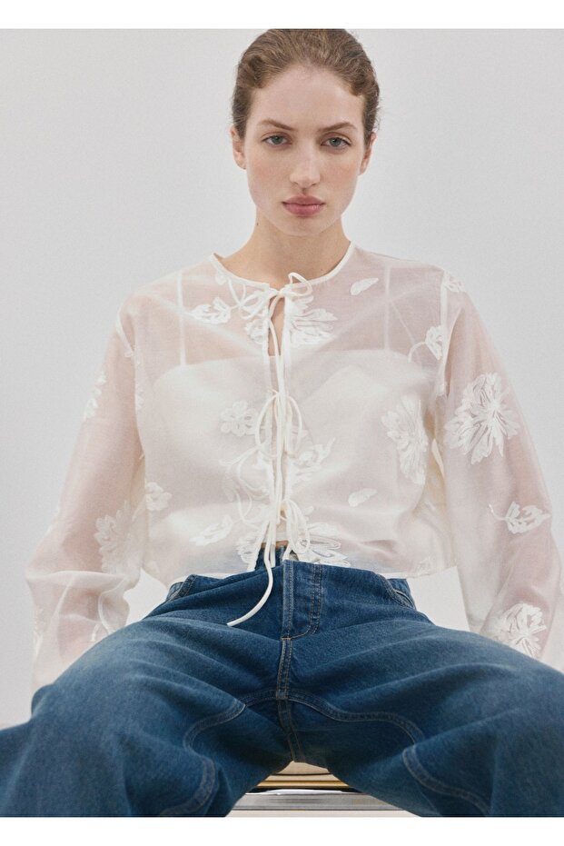 Çiçek işlemeli lyocell bluz - 7