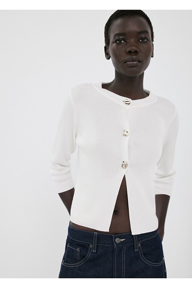 Mücevher düğmeli triko hırka - 1