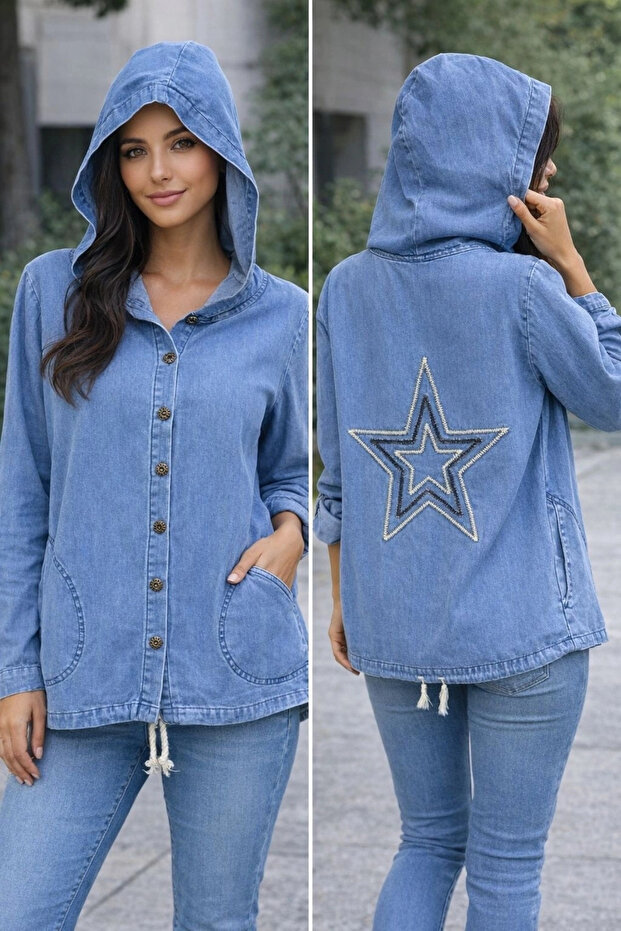 Women's Light Blue Star Embroidered Hooded Pocket Skirt with Drawstring Denim Shirt Jacket