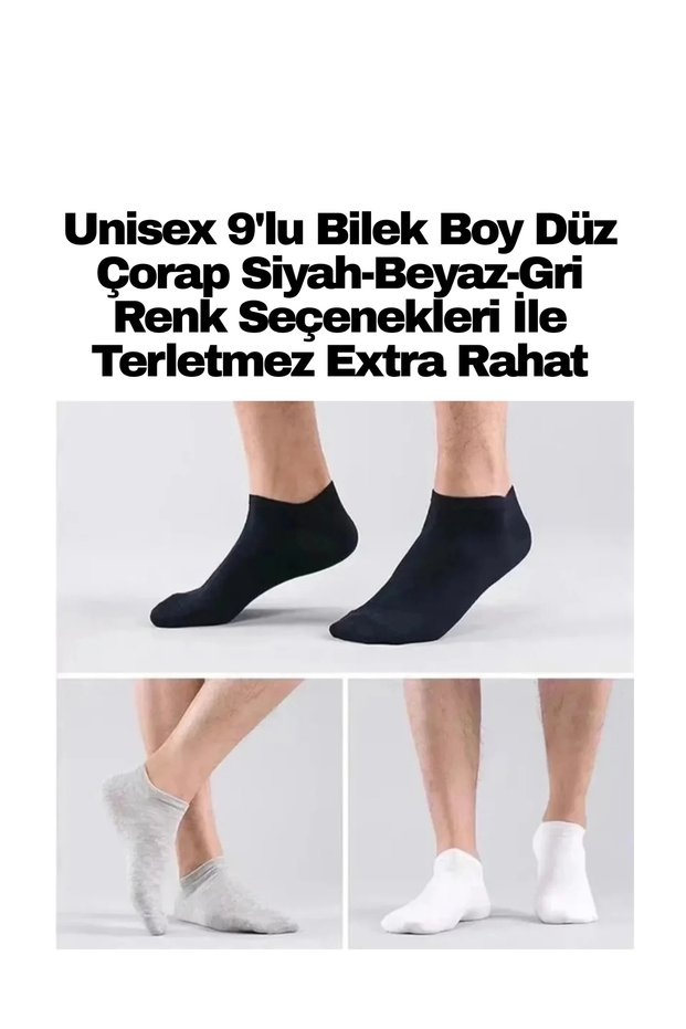 Unisex 9-Piece Ankle Length Plain Socks with Black-White-Grey Color Options, Anti-Sweat, Extra Comfortable