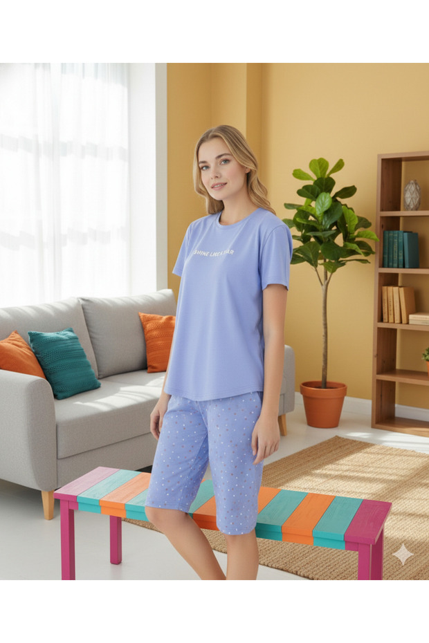 Women's Short Sleeve Capri Henley Collar 100% Cotton Pajama Set