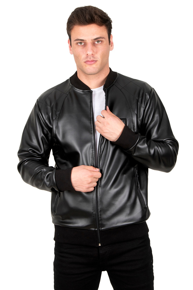 Black Stitching Detailed College Collar Slim Fit Lycra Men's Faux Leather Jacket Coat 23020587