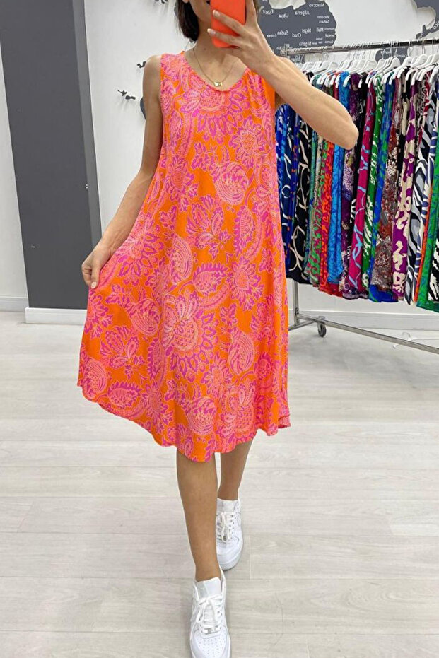 Women's Orange Fuchsia Patterned Sleeveless Midi Dress