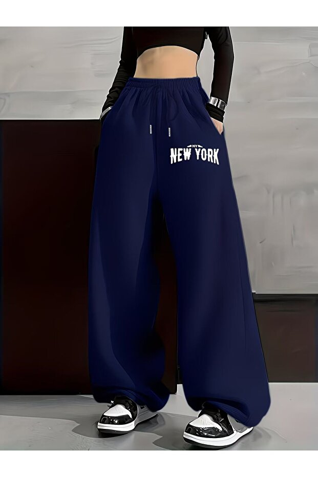 Unisex Ny New York Printed Baggy Cut Wide Leg Sweatpants