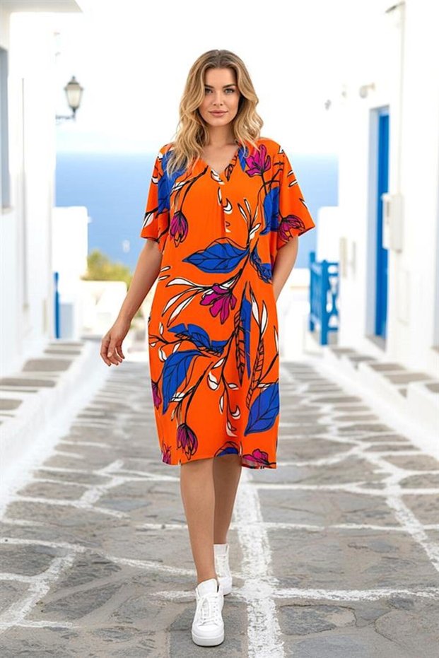 Orange Floral Shirt Collar Pocket Short Dress