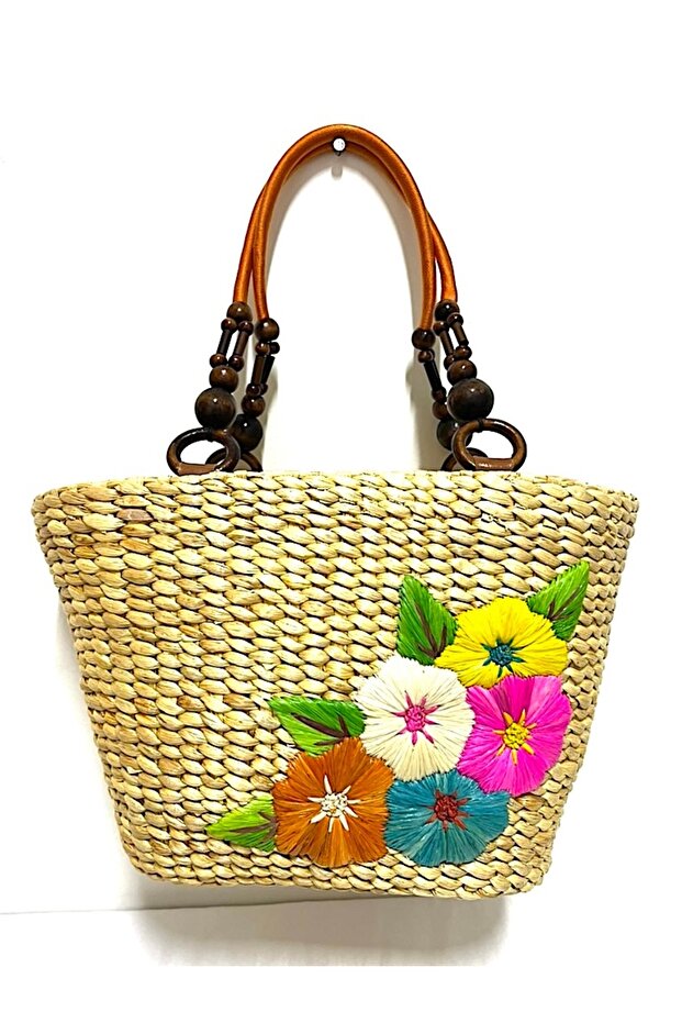 Wicker Bamboo Rattan Handbag Floral Patterned Organic Bag 35X25 cm