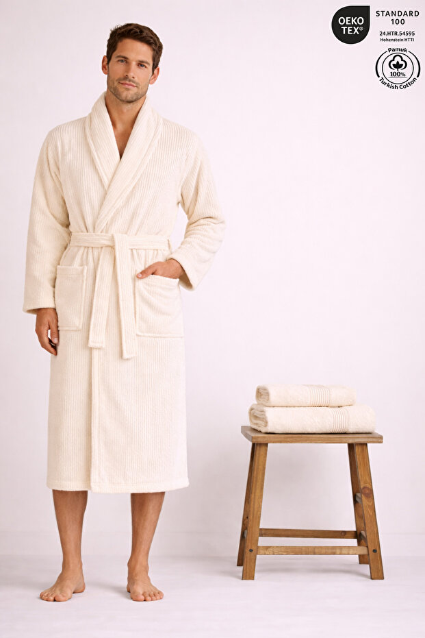 Men's Bathrobe 100% Cotton Certified 3-Piece Shawl Collar Striped Cream Bathrobe and Towel Set