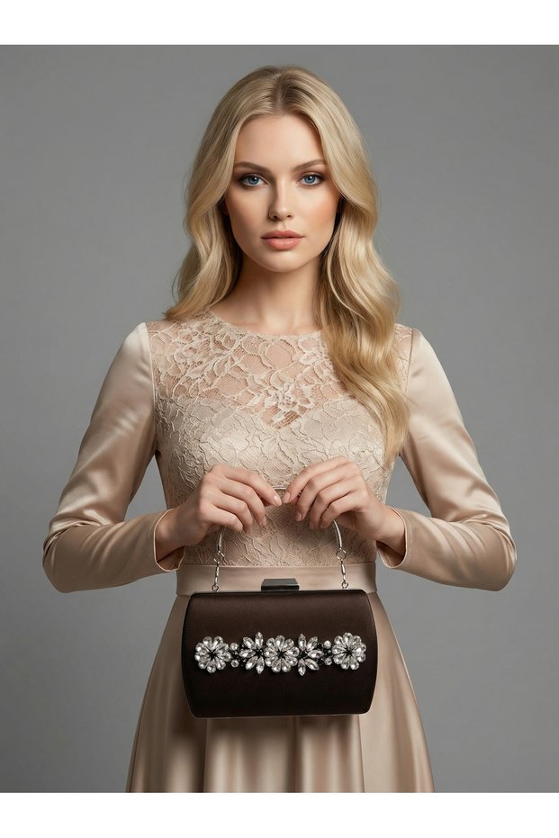 Brown Z.A.R.A. Satin Crystal Stone Embroidered Chain Women's Evening Dress Bag Wedding Engagement Graduation